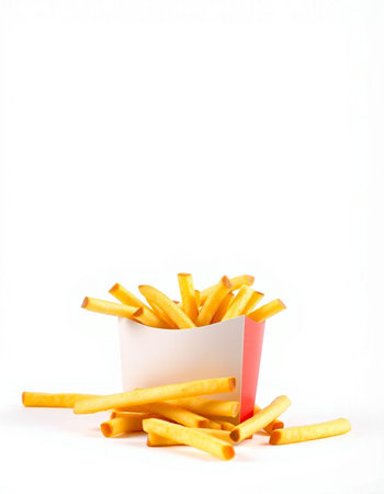 French fries in white box on white background with copy space for text