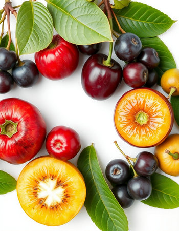 Fruits and berries isolated on white background. Top view. Flat lay.の写真素材