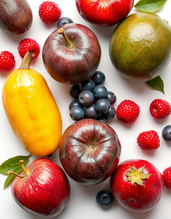 Fruits and vegetables isolated on a white background. Top view.