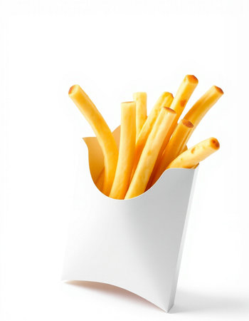 French fries in a paper box on a white background, isolated.