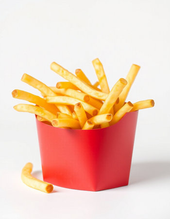 French fries in a red box on a white background close-up