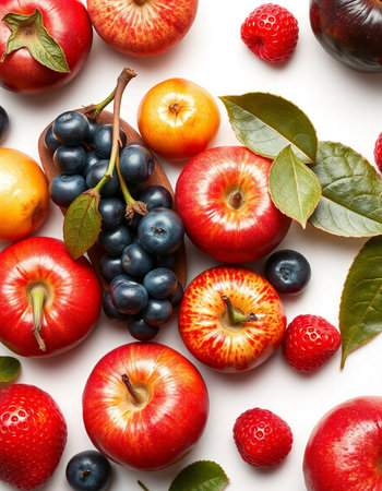 Fresh fruits and berries on white background. Top view. Flat lay