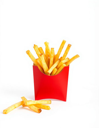 French fries in red box isolated on white background. Selective focus.
