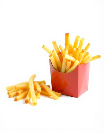 French fries in a red box on a white background. Isolated