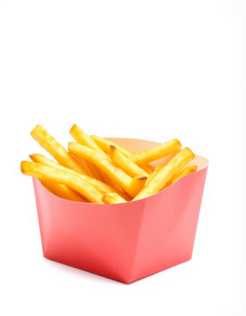 French fries in a box isolated on white background. Fast food.