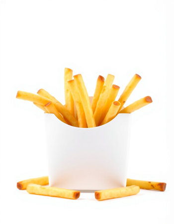 French fries in a white paper box on a white background, isolated