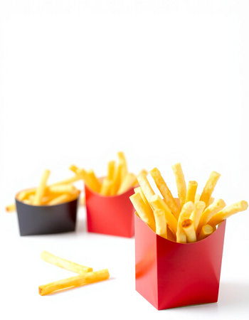 French fries in red box isolated on white background. Selective focus.