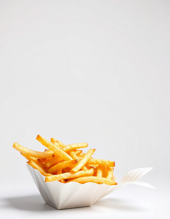 French fries in a paper bowl on a white background. Copy space.