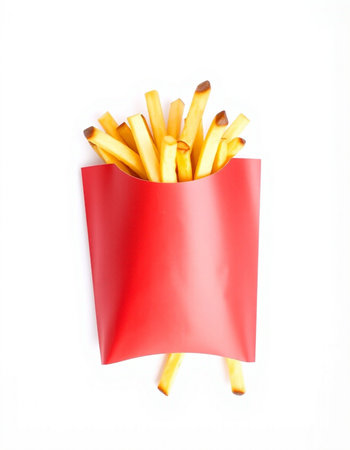 French fries in red paper box isolated on white background. Top view.