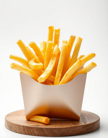 French fries in a paper box on a wooden stand on a white background