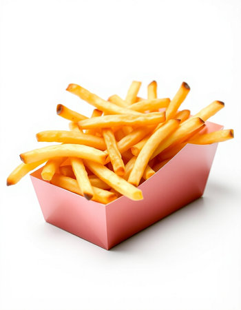 French fries in a pink box on a white background. Isolated