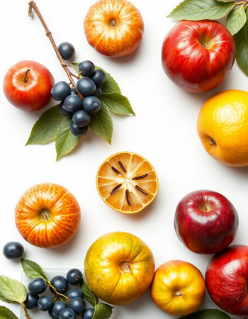 Autumn fruits on white background. Flat lay, top view.の写真素材