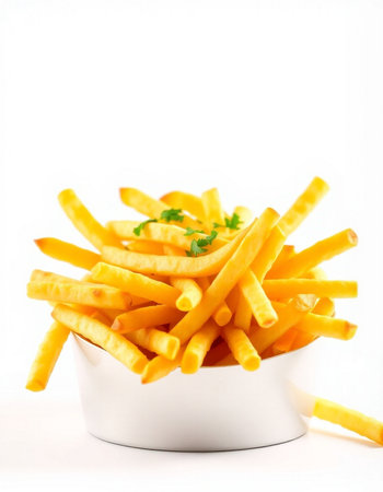 French fries with parsley in a bowl on a white background.