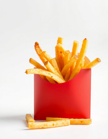 French fries in a red box on a white background, fast foodの写真素材