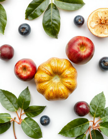 Fruit composition with peaches, plums and apricots on white backgroundの写真素材