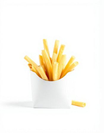 French fries in a paper box on a white background. Isolated