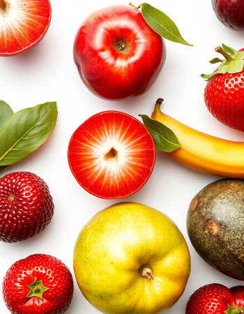 Composition with fresh fruits on white background. Flat lay, top viewの写真素材