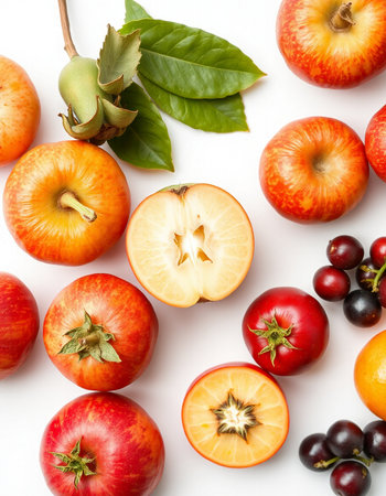 Fruits and vegetables on white background. Top view. Flat lay.の写真素材