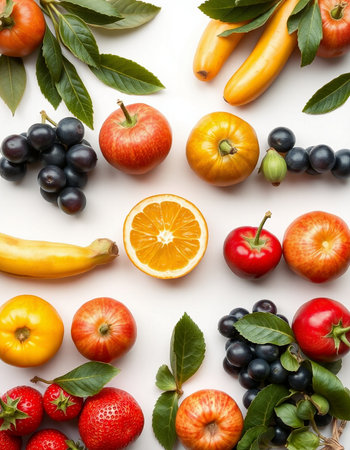 Fruits and vegetables on white background. Flat lay, top view