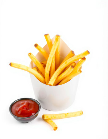 French fries with ketchup isolated on white background. Selective focus.