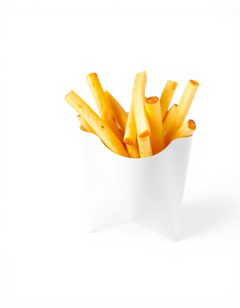 French fries in a paper box on a white background. Isolated
