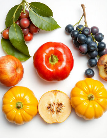 Colorful autumn fruits and vegetables on white background. Top view.の写真素材