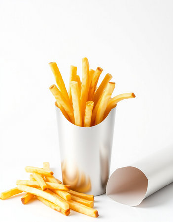 Golden French fries in a paper cup on a white background. Selective focus.