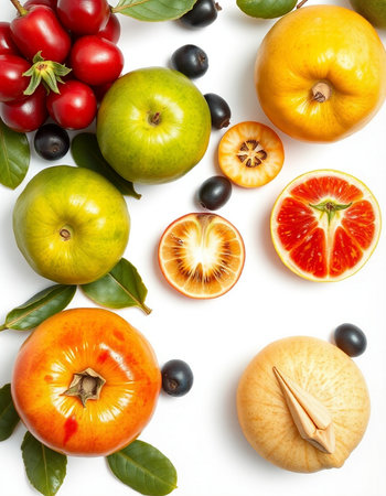 Fruits and vegetables isolated on a white background. Top view.の写真素材