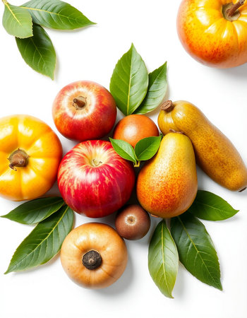 Fruits and vegetables isolated on a white background. Top view.