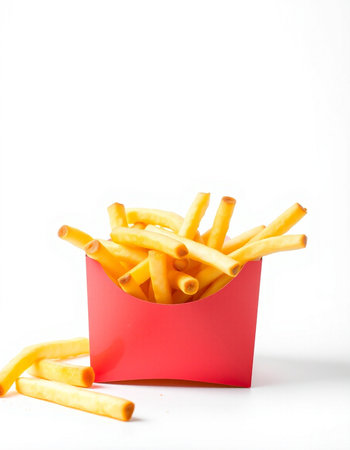 French fries in a red box on a white background with copy space