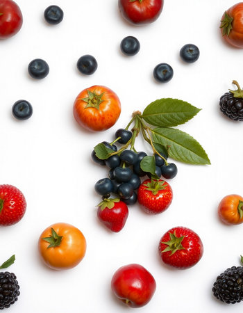 Fresh fruits and berries on white background. Flat lay, top viewの写真素材