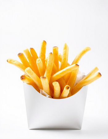 French fries in a white box on a white background. Isolated