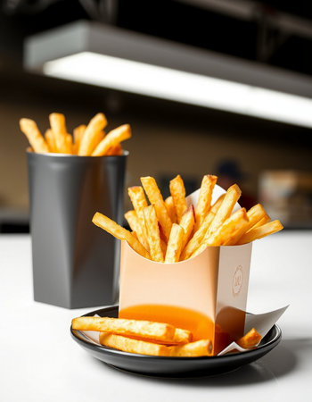 French fries in a paper box on a white table in a restaurant