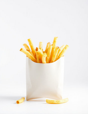 French fries in a paper bag on a white background. Close-up.の写真素材
