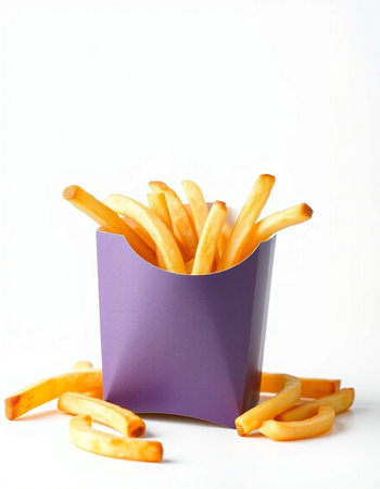 French fries in a purple box on a white background. Fast food.の写真素材
