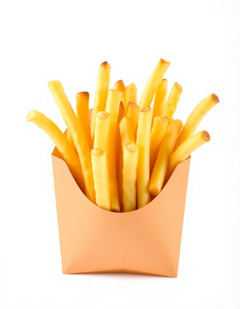 French fries in paper box isolated on white background. Selective focus.