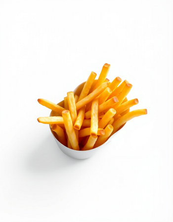 Golden French fries in a paper box isolated on a white background.