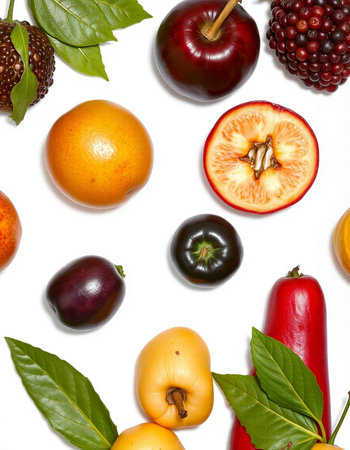 Fruits and vegetables on a white background. Healthy food. Top view.の写真素材