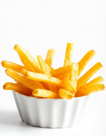 French fries in white bowl on white background. Selective focus.