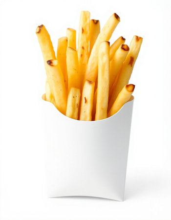 French fries in a white box on a white background. Isolated