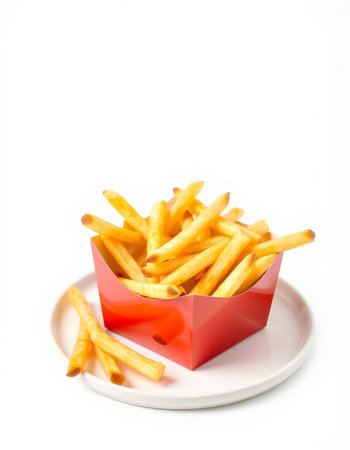French fries in a red box on a white background. Isolated