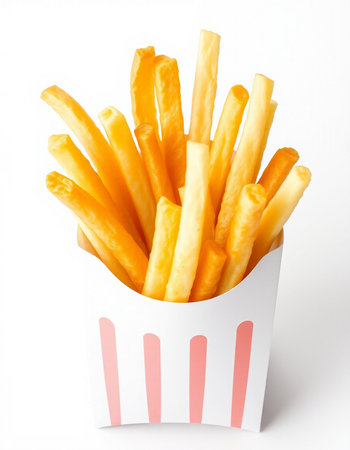 French fries in a paper box on a white background. Fast food.