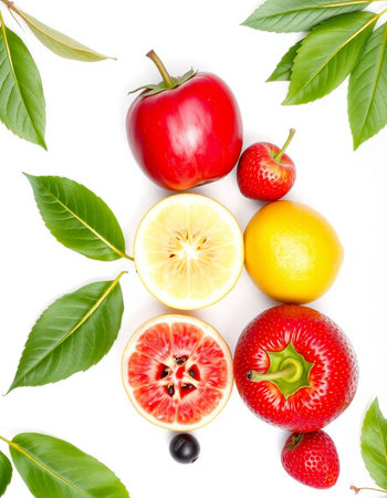 Fruits with leaves isolated on white background. Top view. Flat lay.