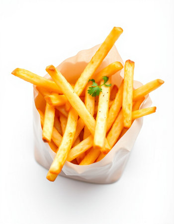 French fries in paper box isolated on white background. Selective focus.