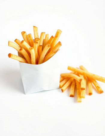 French fries in a paper box on a white background. Isolated