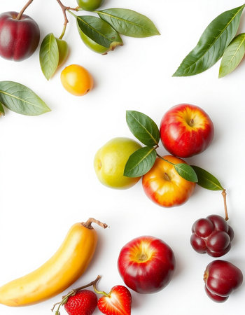 Fresh fruits and berries on white background. Flat lay, top view