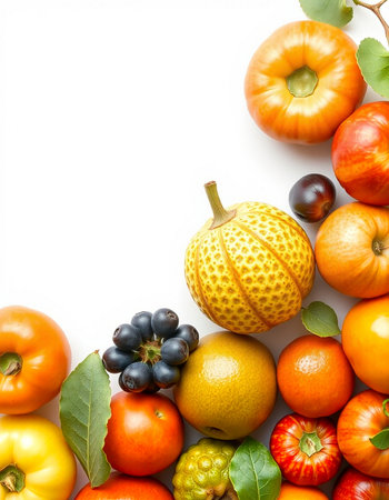 Autumn fruits and vegetables isolated on white background. Top view.