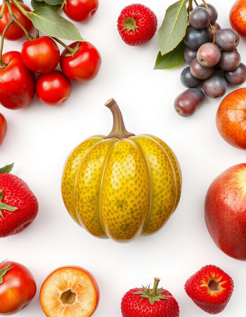 Pumpkin with fruits isolated on white background. Top view.の写真素材