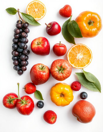 Fruits and vegetables isolated on white background. Flat lay, top view