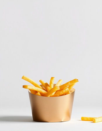 Golden French Fries in a Paper Cup on a White Background.の写真素材